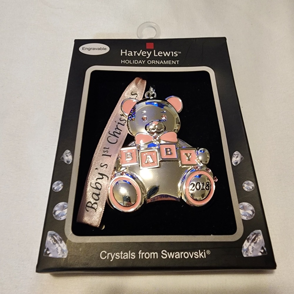 Harvey Lewis baby's First Chrismas pink 2018 Ornament‎ Swarovski Engravable